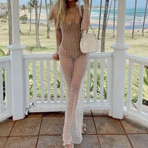 Willow Dance Chic Sheer Pearl-Studded Swim Cover-Up Dress